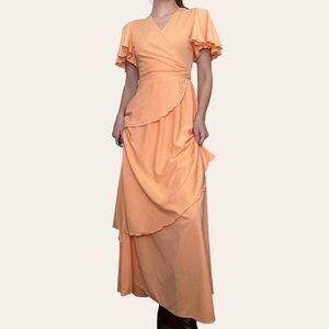 70s vintage orange sherbet peach union made ruffled wrap front formal dress